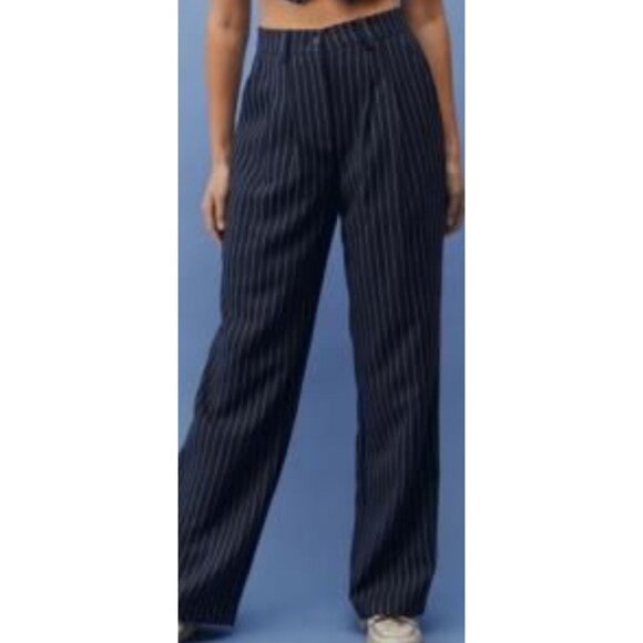 Womens Y2K Pleated Wide Leg Casual Streetwear Sz Small Navy Pinstriped Trousers - Picture 2 of 12
